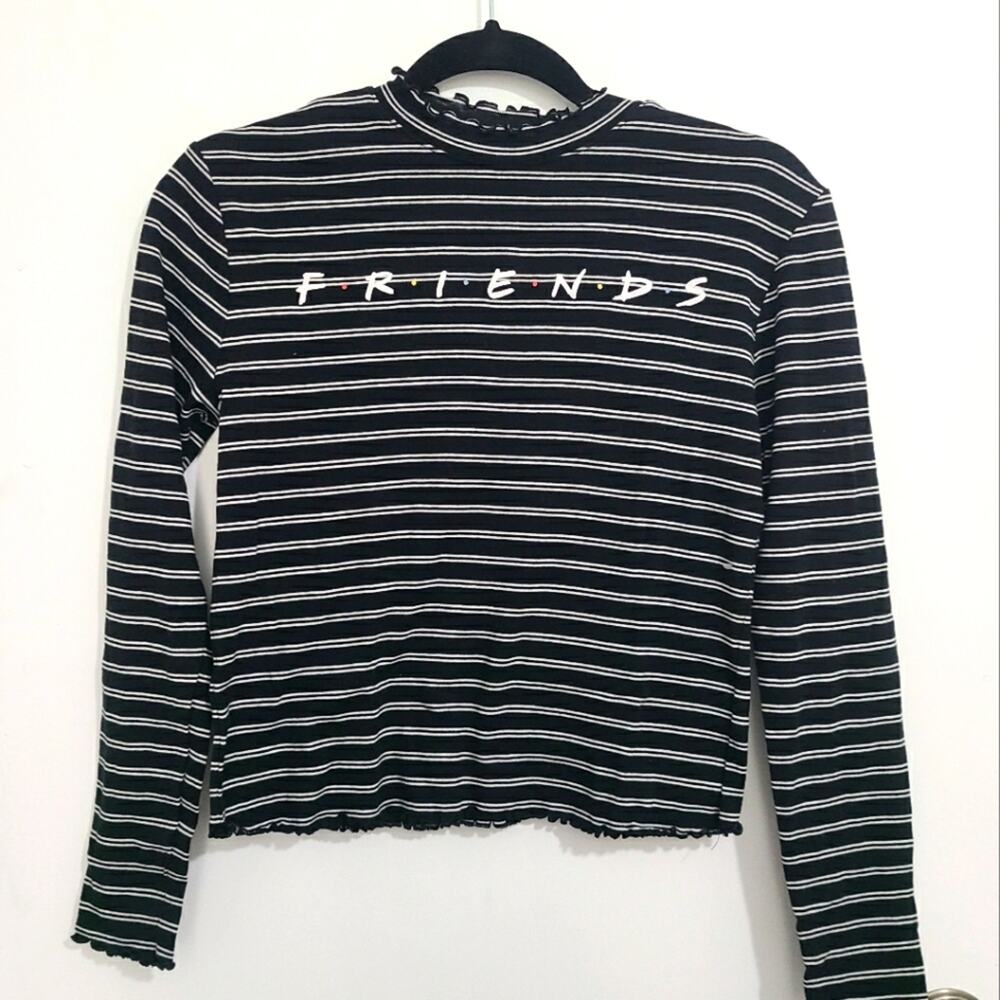 Friends Womens Sz L Black White Striped Long Sleeve Top Lettuce Hem